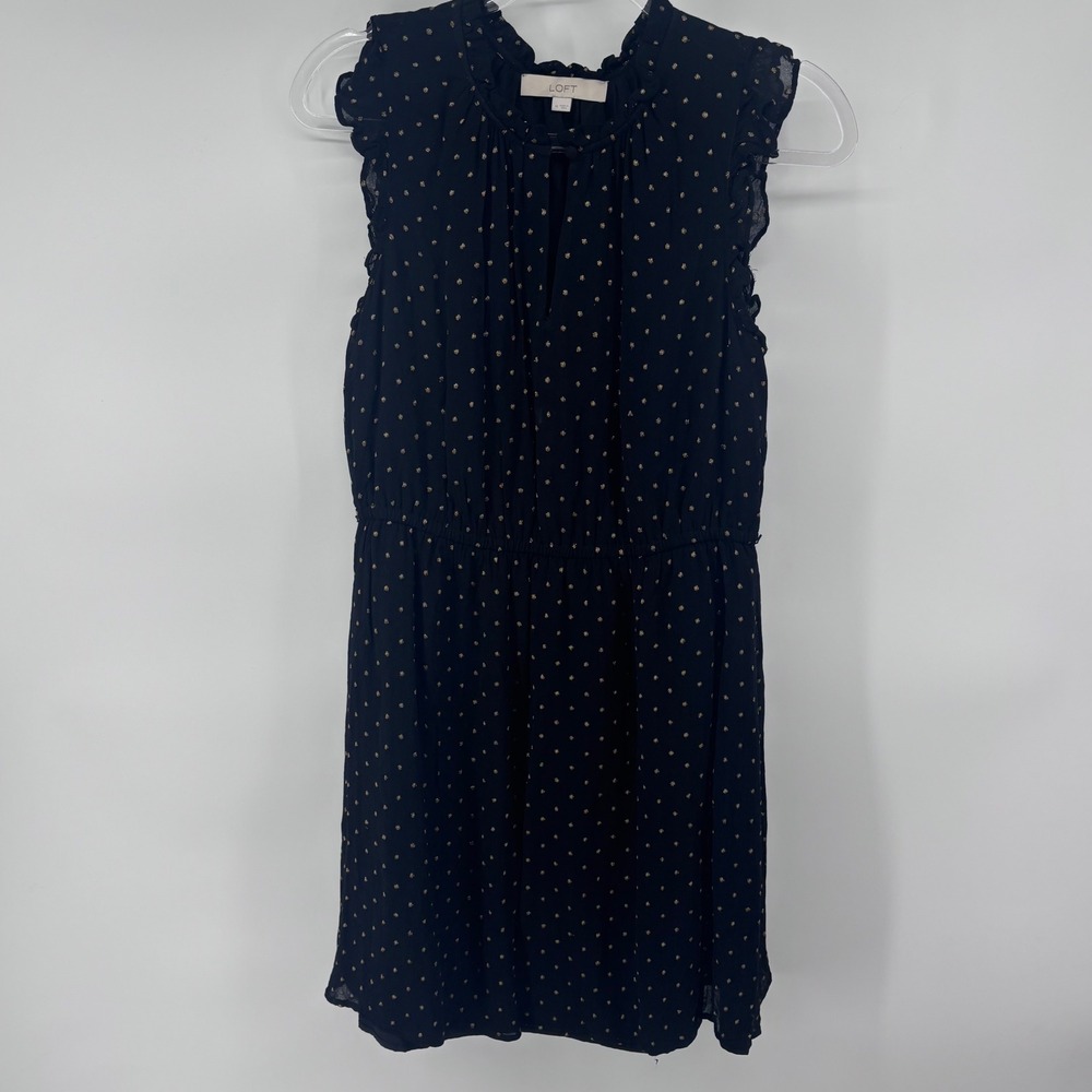 LOFT Dress‎ Women's M Black Gold Dot Sleeveless Ruffle Neck Casual Party